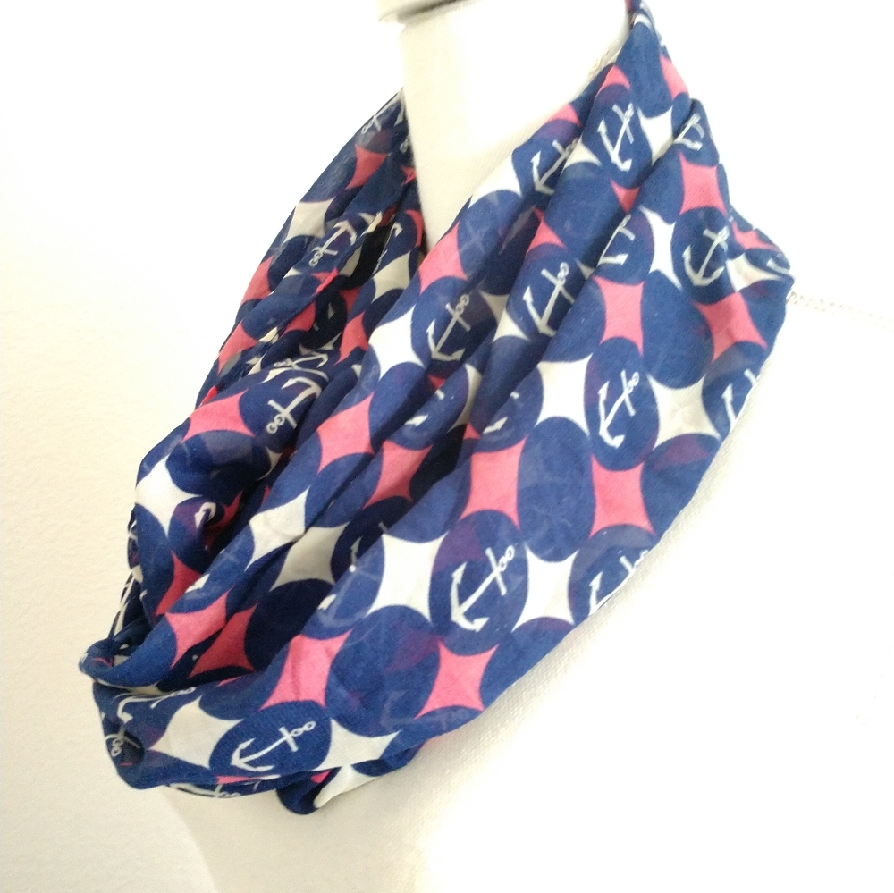 Cute Charming Charlie Infinity Scarf Blue Pink Nautical Anchors Geometric